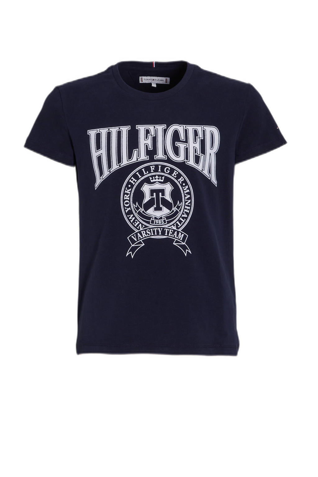Donkerblauwe meisjes Tommy Hilfiger T-shirt van duurzaam stretchkatoen met logo dessin, korte mouwen en ronde hals