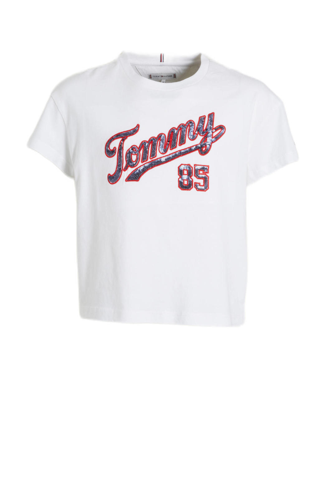 Witte meisjes Tommy Hilfiger T-shirt van biologisch katoen met korte mouwen, ronde hals en pailletten