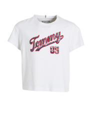 thumbnail: Witte meisjes Tommy Hilfiger T-shirt van biologisch katoen met korte mouwen, ronde hals en pailletten
