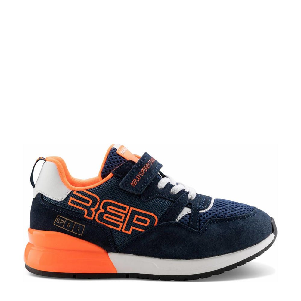 Donkerblauw en oranje jongens REPLAY SHOOT JR-1 suede sneakers met veter- met klittenbandsluiting en logo