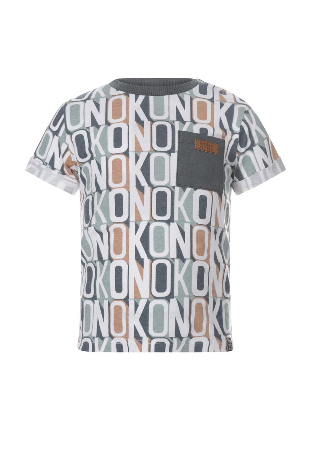 Blauw en witte jongens Koko Noko T-shirt van stretchkatoen met all over print, korte mouwen en ronde hals