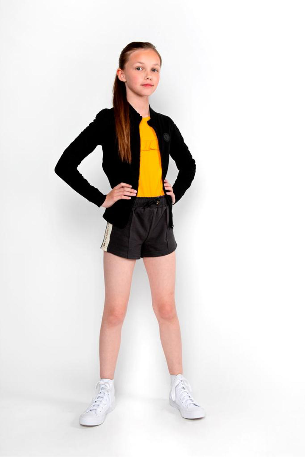 Gele meisjes No Way Monday T-shirt van stretchkatoen met korte mouwen, ronde hals en ruches