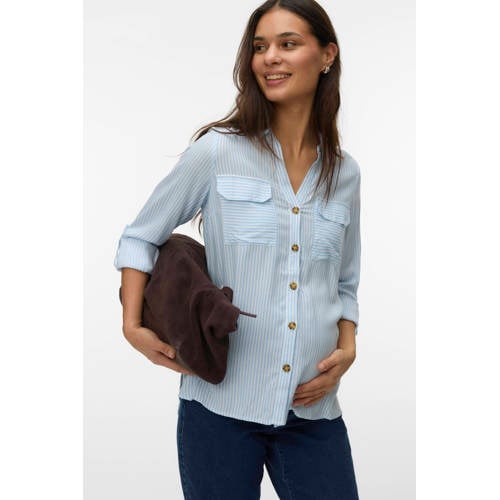 VERO MODA MATERNITY gestreepte zwangerschapsblouse VMMBUMPY lichtblauw Dames Viscose V-hals - maat S afbeelding