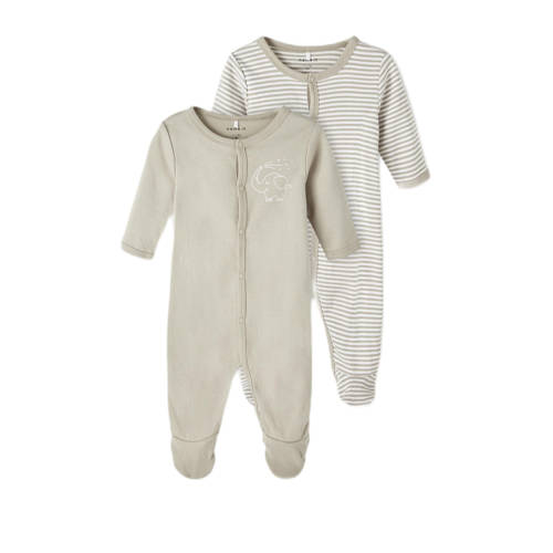 NAME IT BABY baby pyjama NBNNIGHTSUIT - set van 2 met streepdessin grijsgroen Onesie Jongens/Meisjes Biologisch katoen Ronde hals