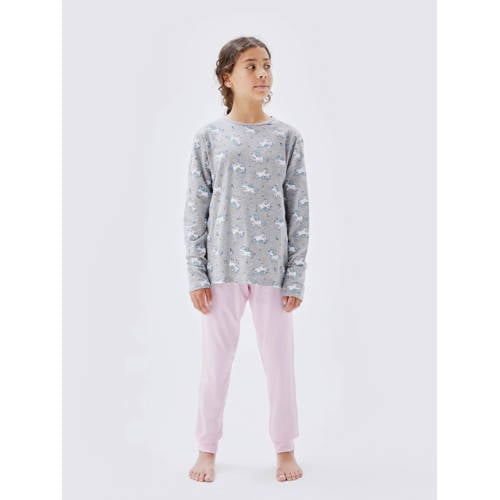 NAME IT KIDS pyjama NKFNIGHTSET met all over print grijs/roze Meisjes Stretchkatoen Ronde hals