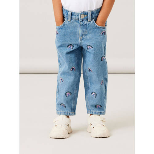 NAME IT MINI mom jeans met all over print medium blue denim Blauw Meisjes Katoen