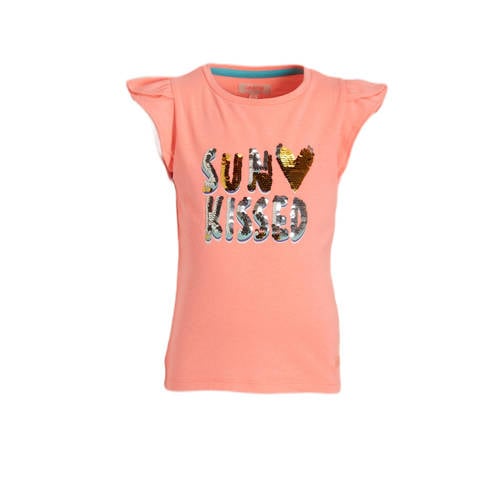 Orange Stars T-shirt Marelle met tekst en pailletten zalm Roze Meisjes Katoen Ronde hals
