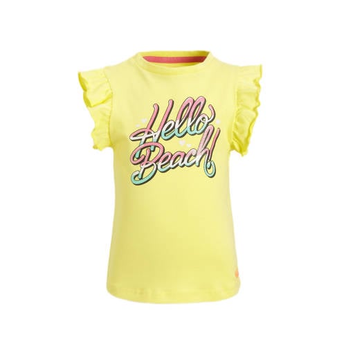 Orange Stars T-shirt Manuela met printopdruk en ruches geel Meisjes Stretchkatoen Ronde hals