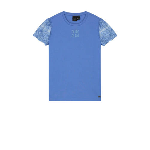 NIK&NIK T-shirt Dione met kant blauw Meisjes Stretchkatoen Ronde hals Effen