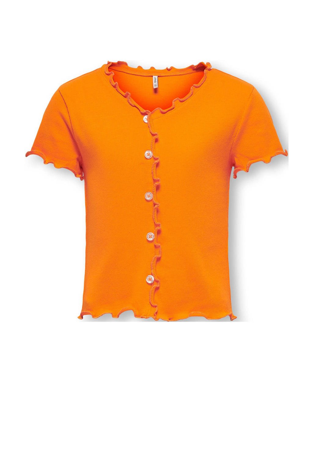 Oranje meisjes KIDS ONLY GIRL T-shirt van stretchkatoen met korte mouwen, V-hals en sierknopen