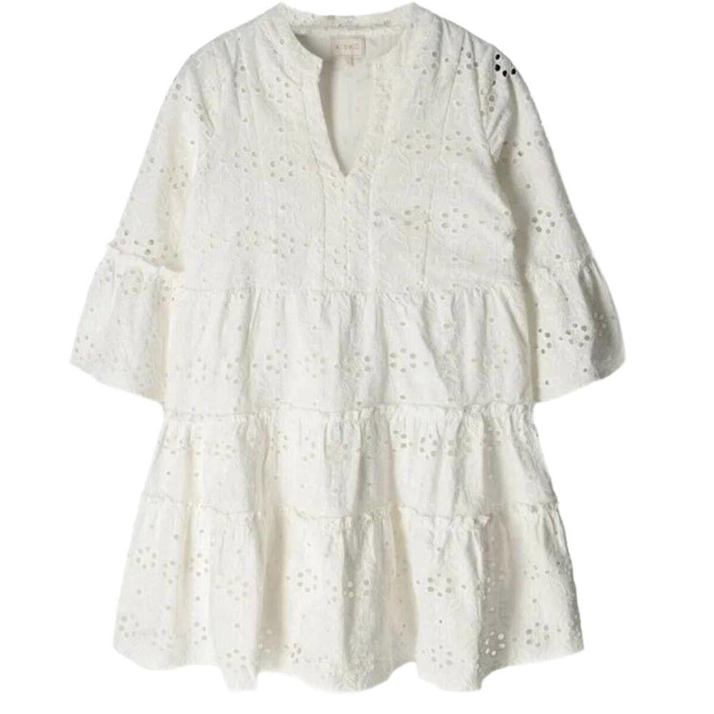 Witte meisjes AI&KO A-lijn jurk Kampur van katoen met driekwart mouwen, V-hals en ruches