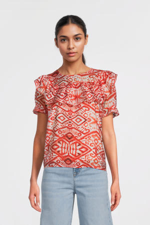 top Greta Aztec met all over print en ruches rood