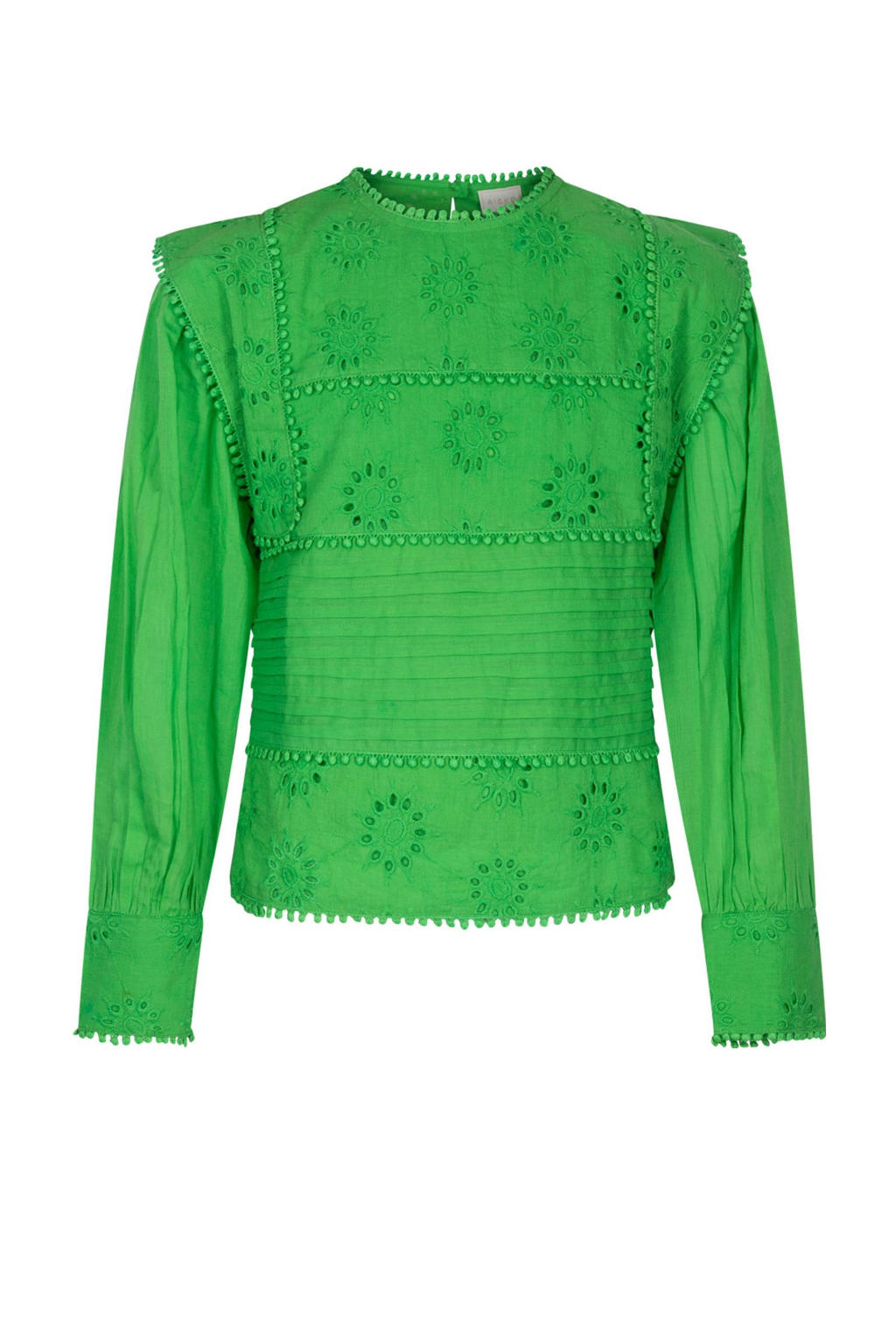 Groene meisjes AI&KO longsleeve Isabelle van katoen met effen, lange mouwen, ronde hals, drukknoopsluiting en broderie
