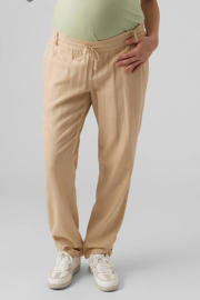 thumbnail: Ecru dames MAMALICIOUS regular fit broek van linnen met elastische tailleband met koord