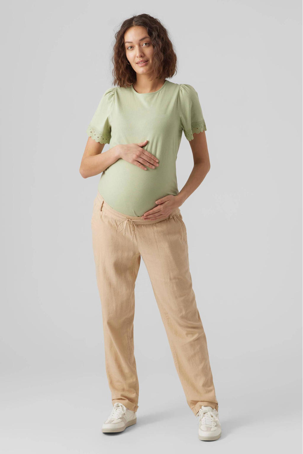 Ecru dames MAMALICIOUS regular fit broek van linnen met elastische tailleband met koord en effen