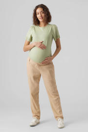 thumbnail: Ecru dames MAMALICIOUS regular fit broek van linnen met elastische tailleband met koord en effen
