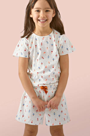 shortama met all over print van katoen ecru/blauw/rood