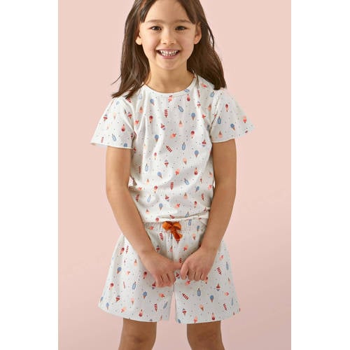 Little Label shortama met all over print van katoen ecru/blauw/rood Meisjes Stretchkatoen Ronde hals