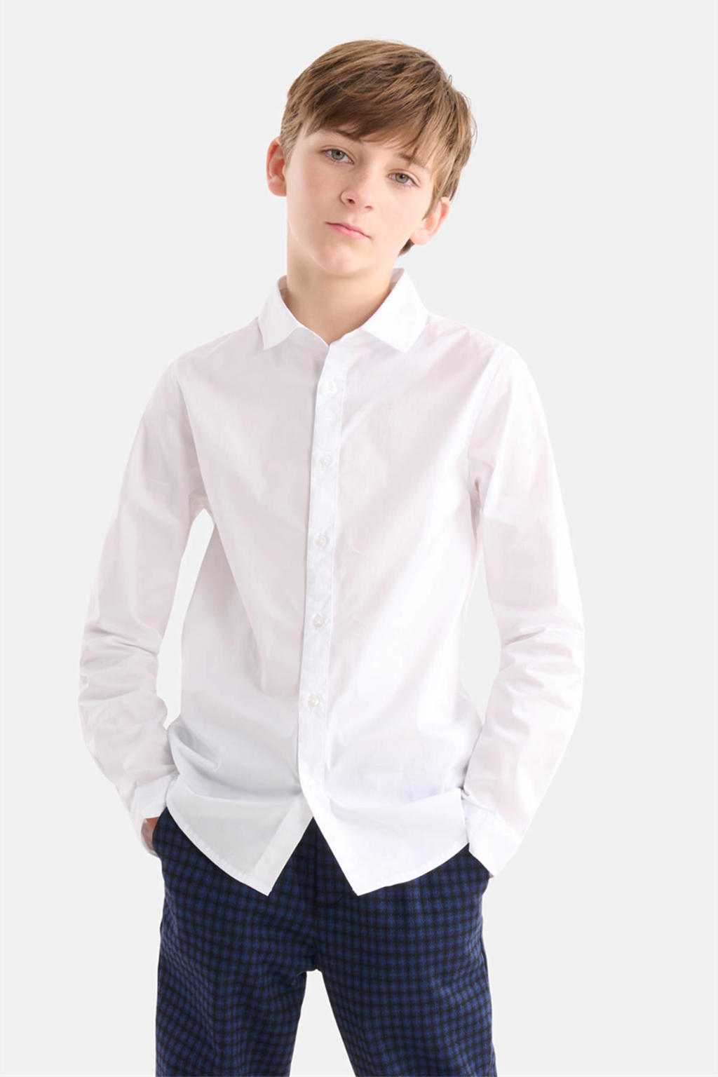 Witte jongens Shoeby overhemd Basic van katoen met effen, lange mouwen, button down sluiting en knoopsluiting