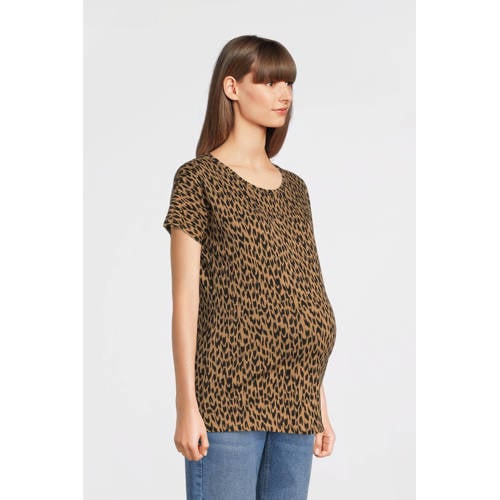 Supermom zwangerschapsshirt met all over print bruin T-shirt Dames Katoen Ronde hals