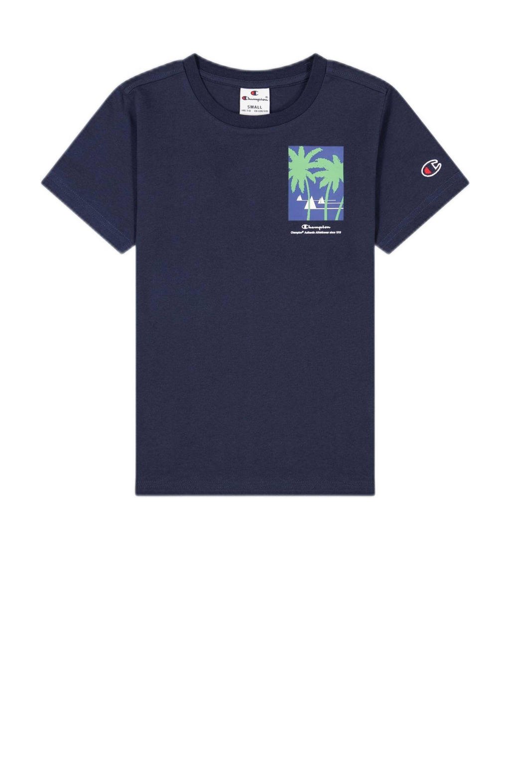 Marineblauwe jongens Champion T-shirt van katoen met backprint, korte mouwen en ronde hals