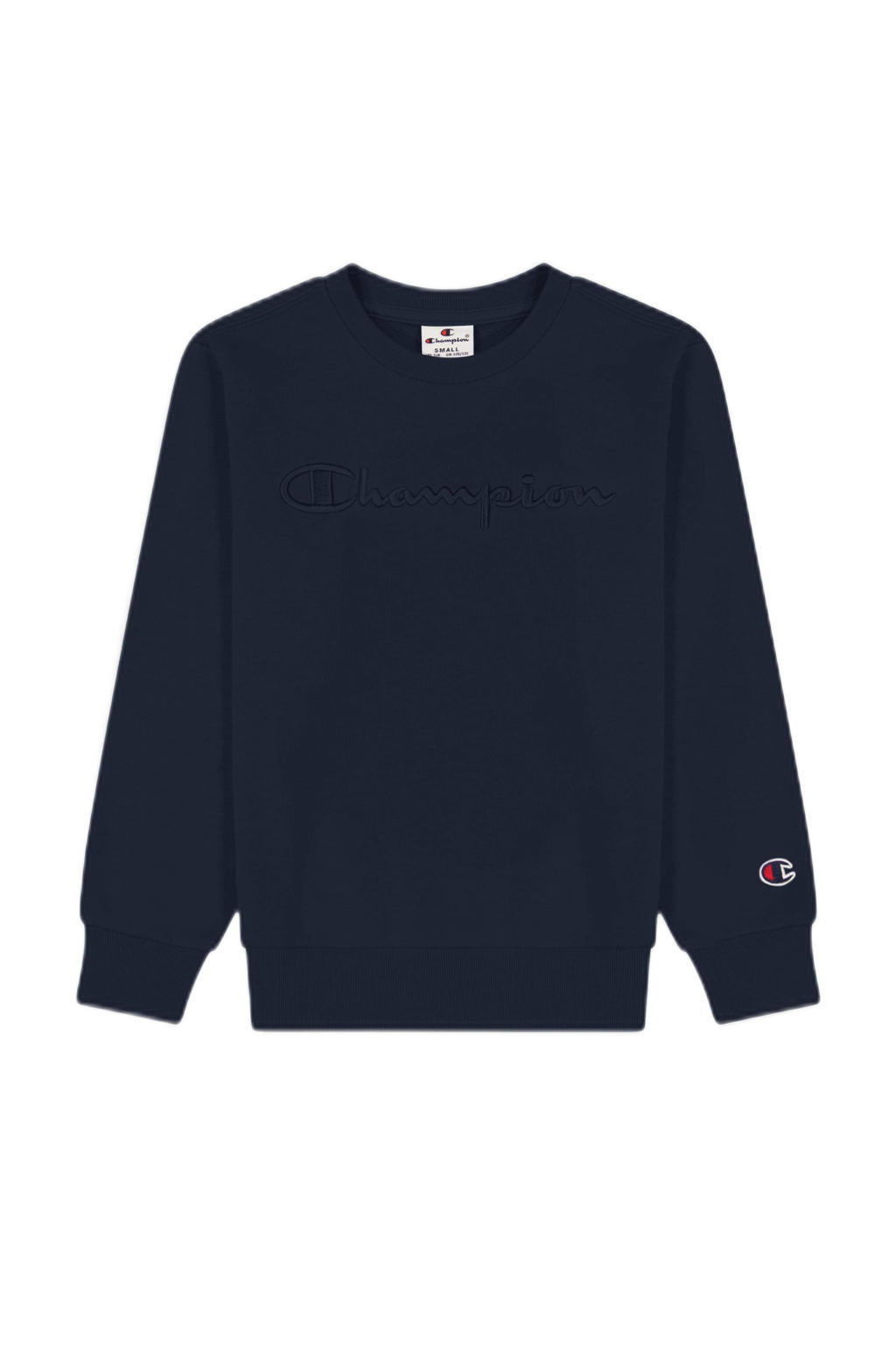 Marineblauwe jongens Champion sweater met logo dessin, lange mouwen en ronde hals