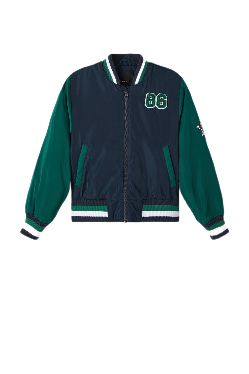 Donkerblauw en groene jongens NAME IT KIDS bomberjack zomer van polyester met meerkleurige print, lange mouwen, ronde hals en geribde boorden