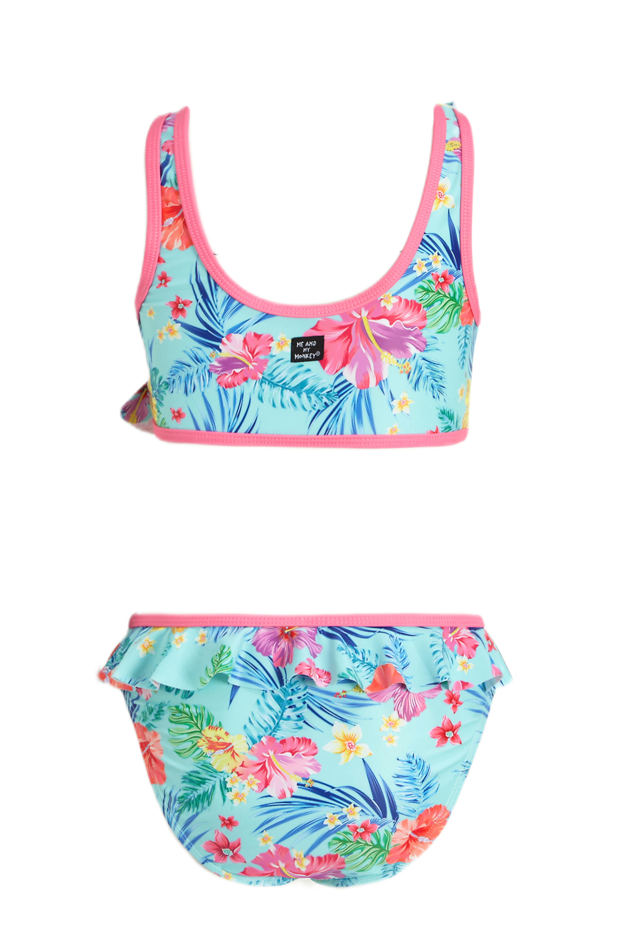 Me & My Monkey crop bikini met ruches lichtblauw/roze