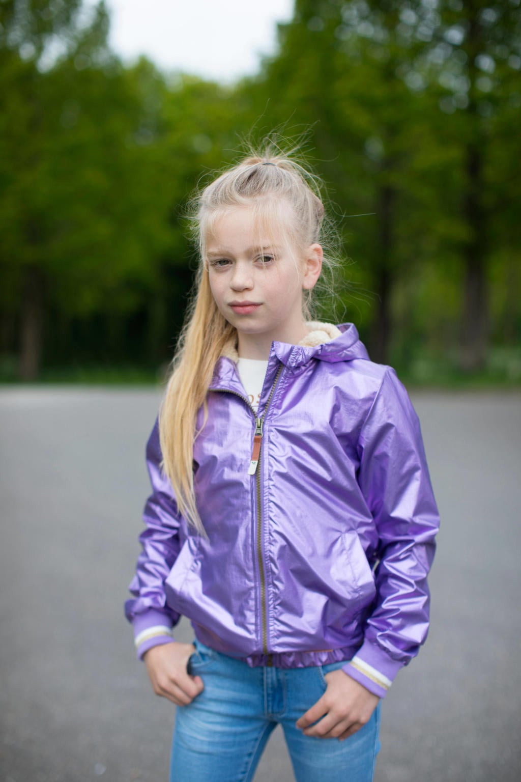 Paarse meisjes Moodstreet zomerjas van polyester met effen, lange mouwen, capuchon en ritssluiting
