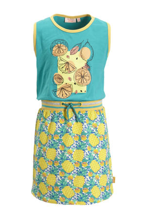 jurk Marietje met all over print turquoise/geel
