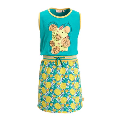 Orange Stars jurk Marietje met all over print turquoise/geel Blauw Meisjes Stretchkatoen Ronde hals