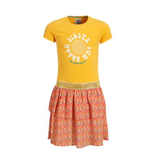 Me & My Monkey T-shirtjurk Maroeska met all over print geel/oranje Meisjes Stretchkatoen Ronde hals