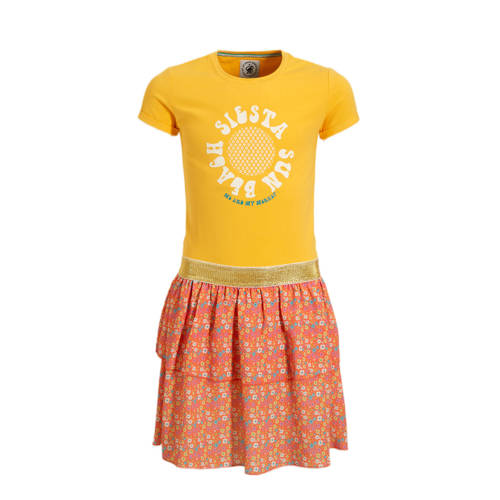 Me & My Monkey T-shirtjurk Maroeska met all over print geel/oranje Meisjes Stretchkatoen Ronde hals