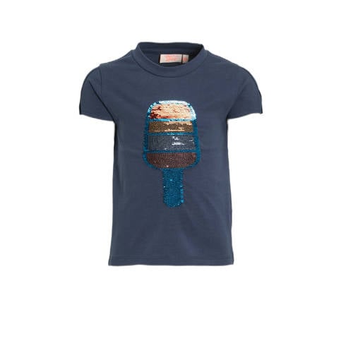 Orange Stars T-shirt Marjanne met printopdruk en pailletten donkerblauw Meisjes Stretchkatoen Ronde hals