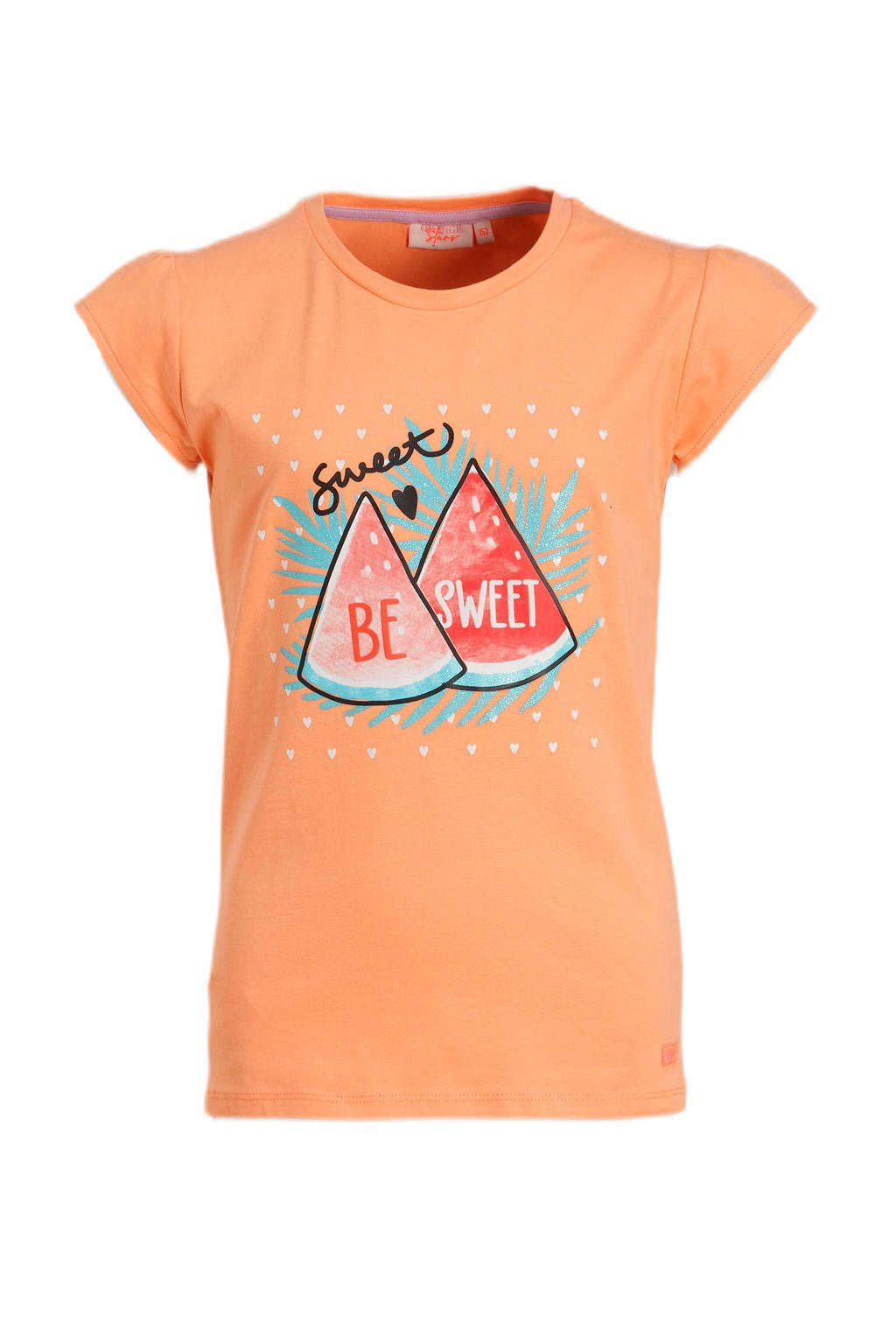 Oranje meisjes Orange Stars T-shirt Marlieke van stretchkatoen met printopdruk, kapmouwtjes en ronde hals