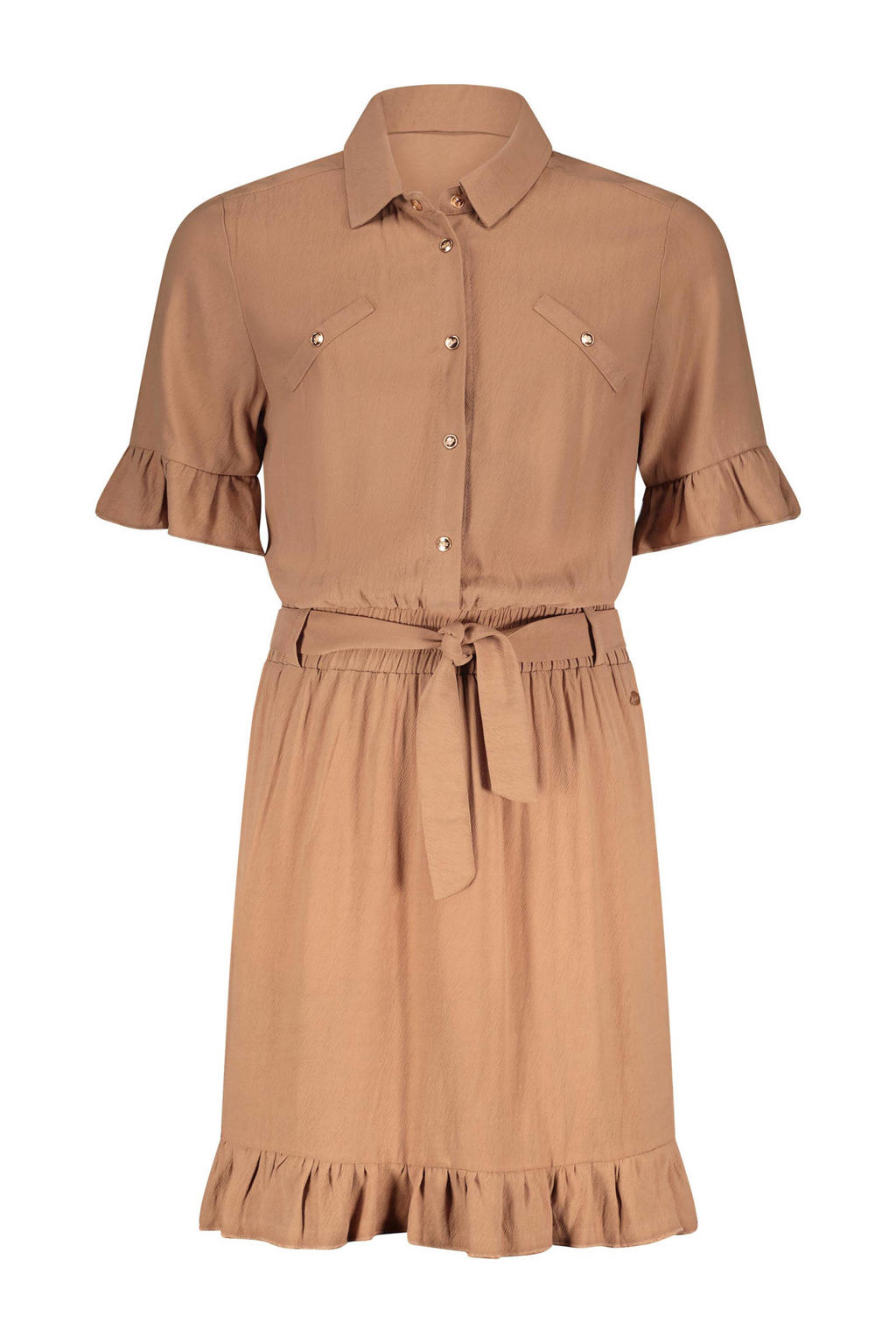 Bruine meisjes NoBell’ jurk Madua van lyocell met korte mouwen, klassieke kraag, elastische tailleband met koord en ceintuur