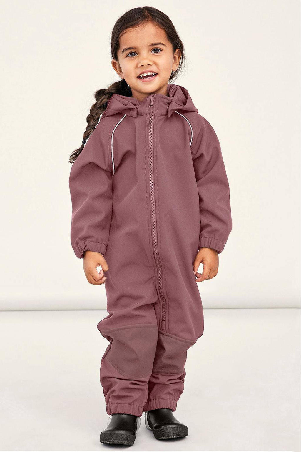 Oudroze jongens NAME IT MINI softshell buitenspeelpak van polyester met bloemenprint, lange mouwen, capuchon en ritssluiting