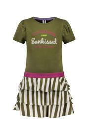 thumbnail: Groen, beige en paarse meisjes B.Nosy jurk B.Dazzeling van stretchkatoen met all over print, korte mouwen en ronde hals
