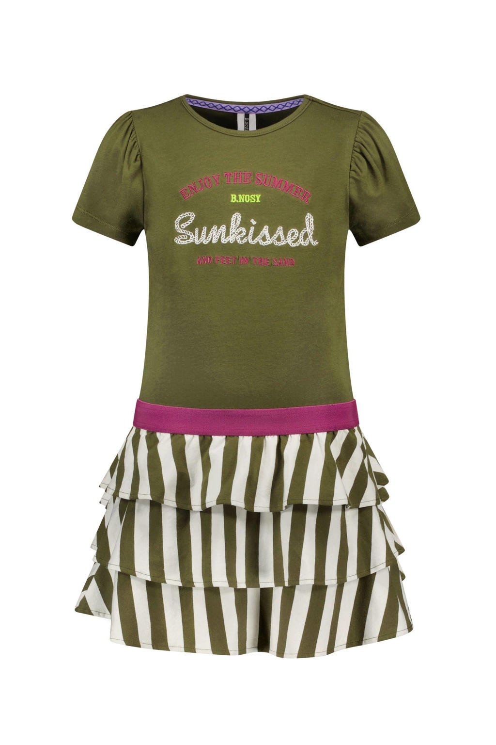 Groen, beige en paarse meisjes B.Nosy jurk B.Dazzeling van stretchkatoen met all over print, korte mouwen en ronde hals