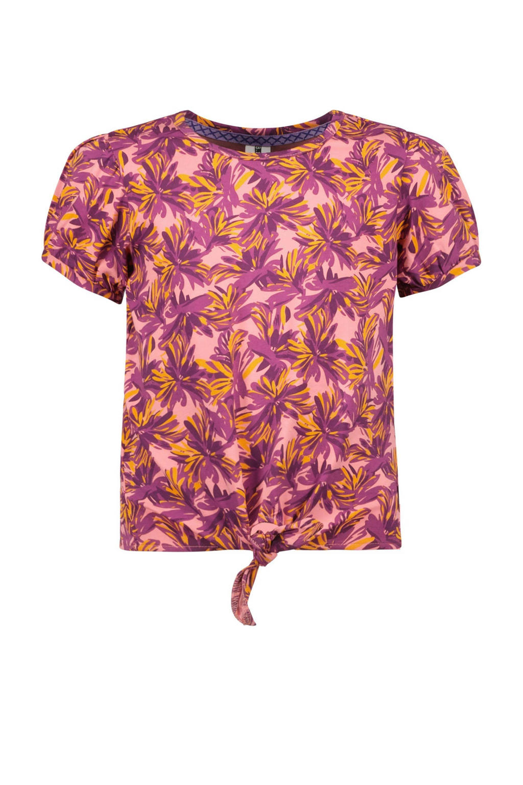 Roze en paarse meisjes B.Nosy T-shirt van polyester met korte mouwen, ronde hals en knoopdetail