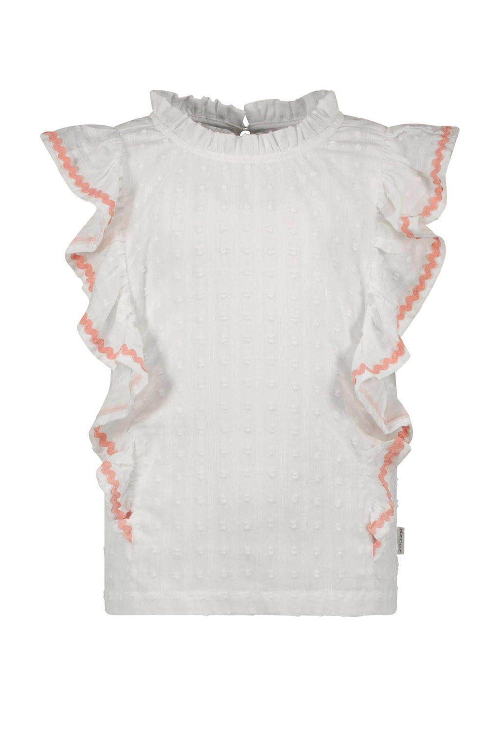 Wit en oranje meisjes B.Nosy top B.Sunkissed en ruches met kapmouwtjes, opstaande kraag en knoopsluiting
