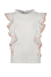 thumbnail: Wit en oranje meisjes B.Nosy top B.Sunkissed en ruches met kapmouwtjes, opstaande kraag en knoopsluiting