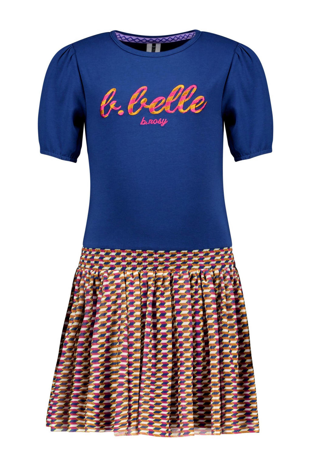 Blauw en multikleurige meisjes B.Nosy midi jurk van stretchkatoen met korte mouwen, ronde hals en elastische tailleband