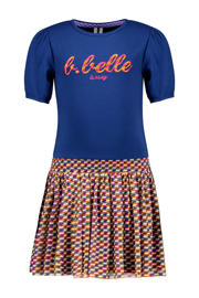 thumbnail: Blauw en multikleurige meisjes B.Nosy midi jurk van stretchkatoen met korte mouwen, ronde hals en elastische tailleband