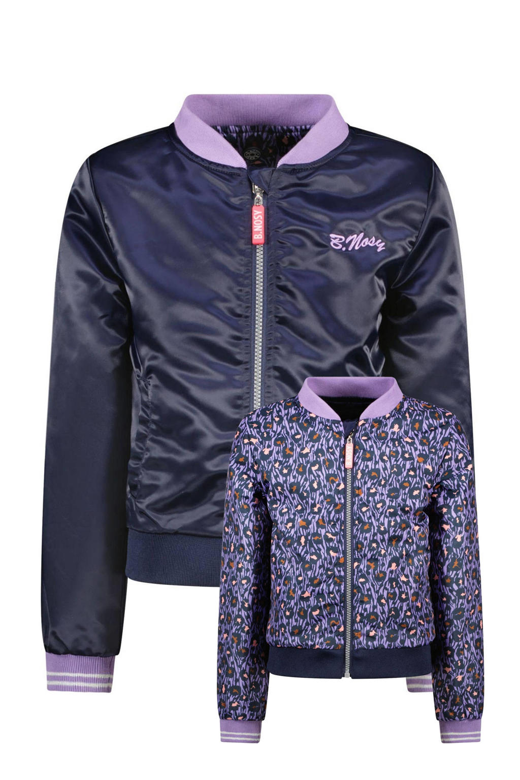 Donkerblauw en paarse meisjes B.Nosy reversible jas van polyester met lange mouwen, ronde hals, ritssluiting en geribde boorden