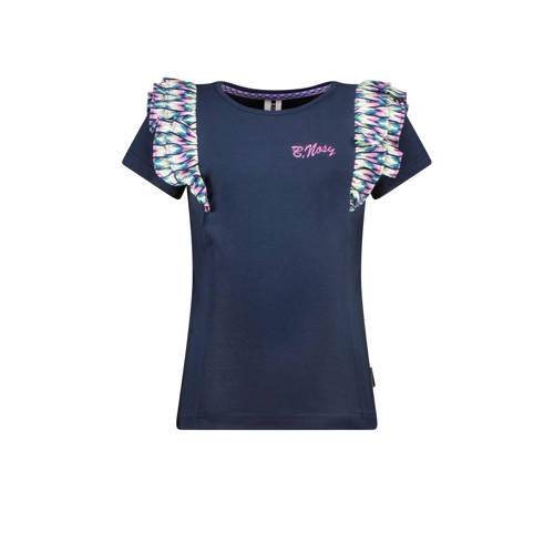 B.Nosy T-shirt B.Inspiring met ruches donkerblauw/roze Meisjes Stretchkatoen Ronde hals