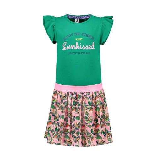B.Nosy jurk B.Sunkissed met all over print groen/roze Meisjes Gerecycled polyester Ronde hals