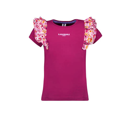 B.Nosy T-shirt B.Adorable met tekst en ruches fuchsia/wit Roze Meisjes Katoen Ronde hals