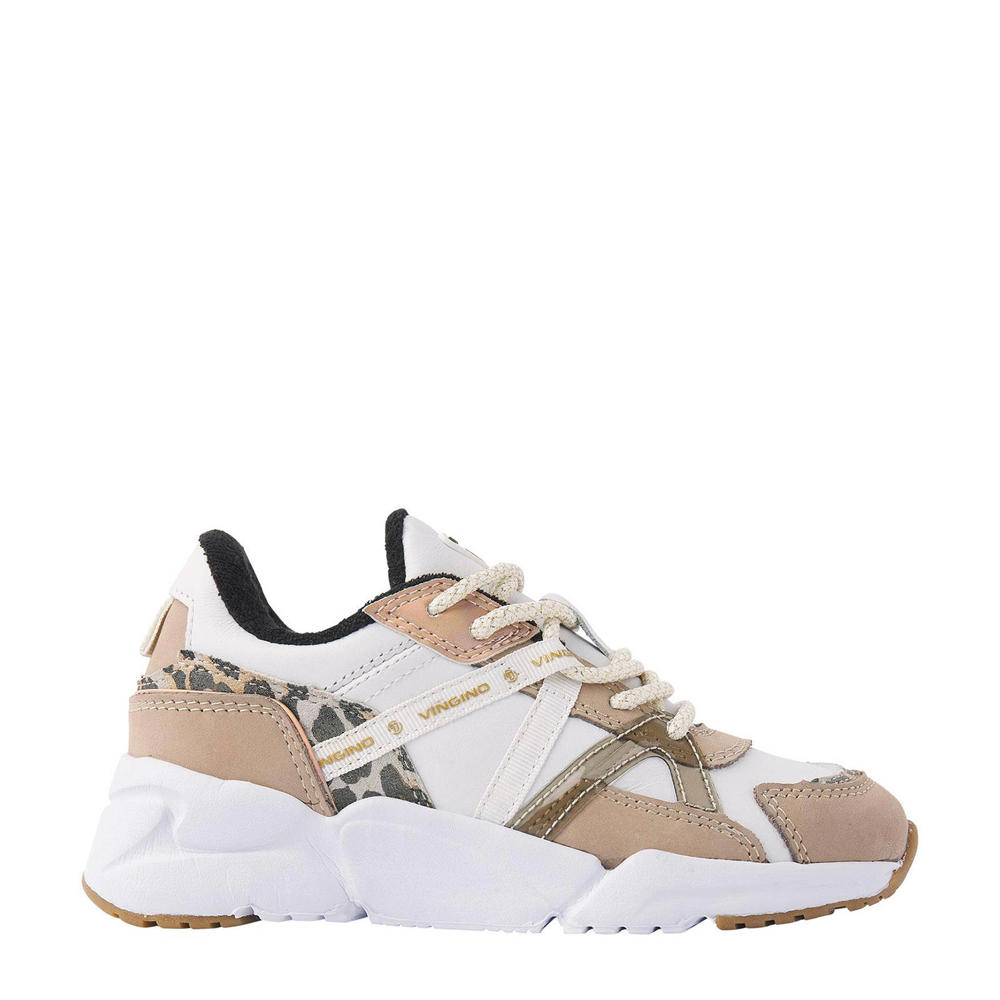 Beige en witte meisjes Vingino Odilia leren sneakers van leer/voering: mesh met rits- en vetersluiting en panterprint