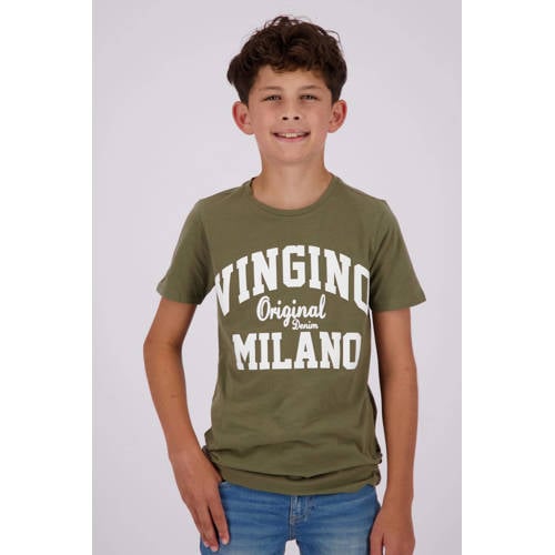 Vingino T-shirt met logo army groen Jongens Stretchkatoen Ronde hals Logo